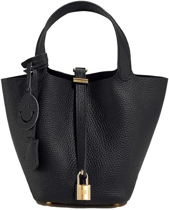 Stylish Leather Bucket Handbag for Women - Trendy Plain Color with Secure Lock Design, Fashionable Shoulder Bag