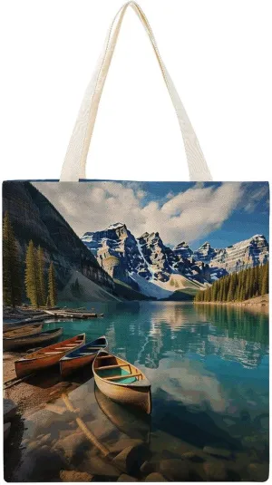 Stylish Shoulder Bag, Moraine Lake Canoes Print Reusable Grocery Bag Large Canvas Tote Versatile Handbag All-purpose Tote