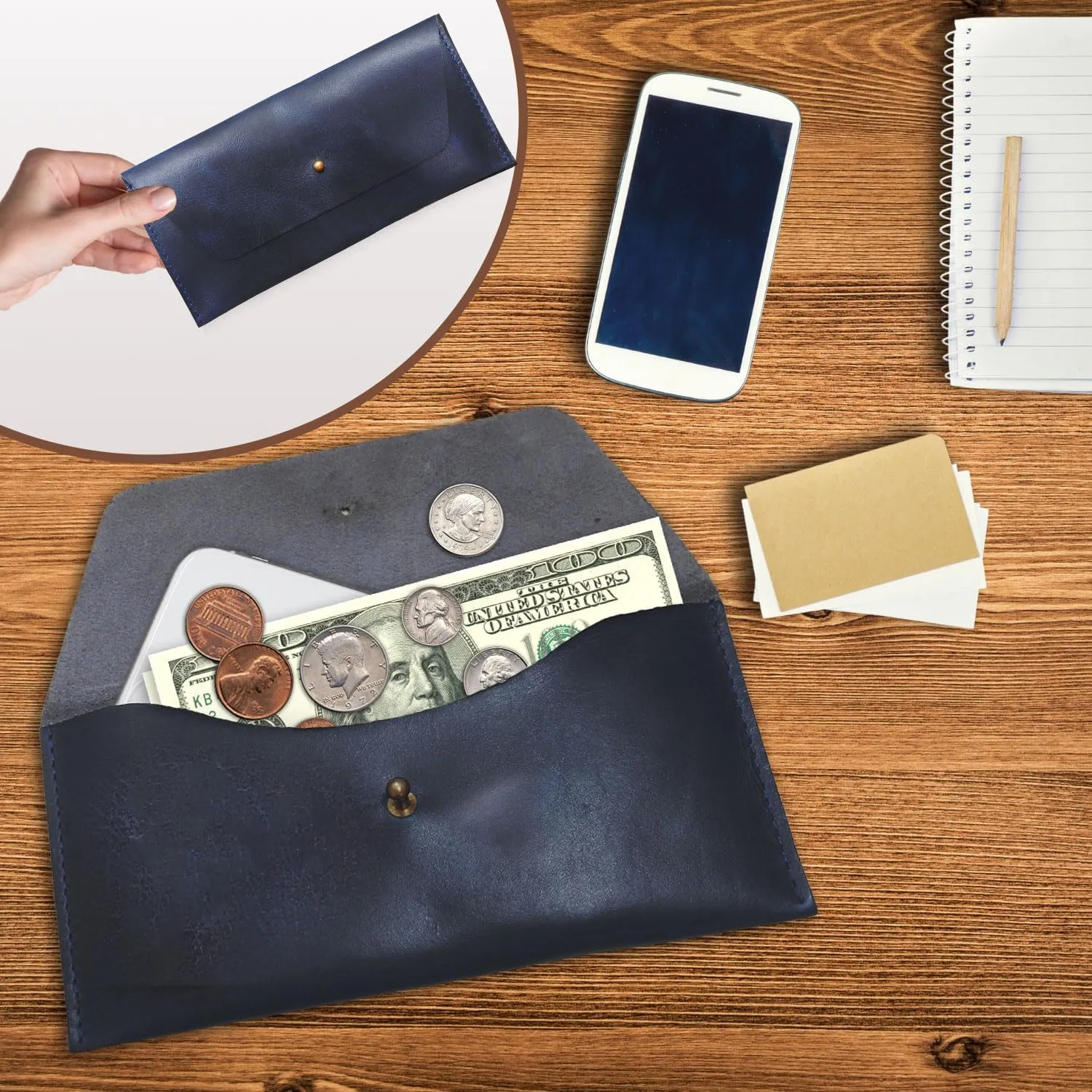 Succor Genuine Leather Cash Envelopes Wallet For Men, Money Bag Pouch, Reusable Budget Envelope, Retro Clutch Wallet, For Men and Women, Blue