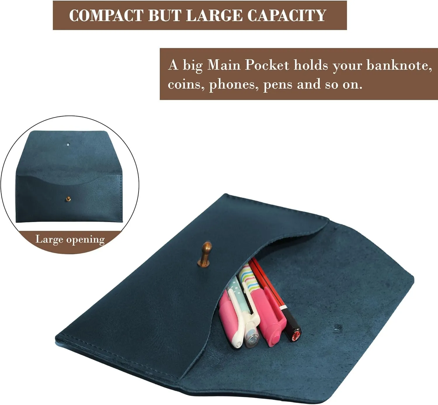 Succor Genuine Leather Cash Envelopes Wallet For Men, Money Bag Pouch, Reusable Budget Envelope, Retro Clutch Wallet, For Men and Women, Hunter Blue
