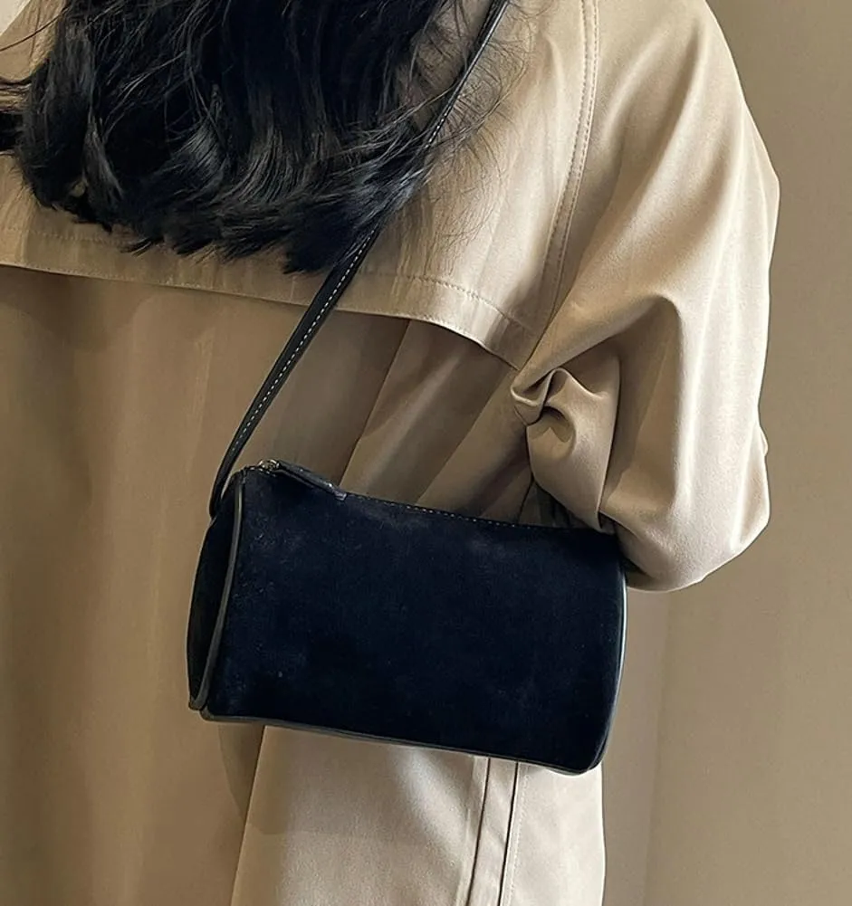 Suede Shoulder Bag for Women - Crossbody Clutch Handbag Purse Satchel Frosted Cylinder Tote