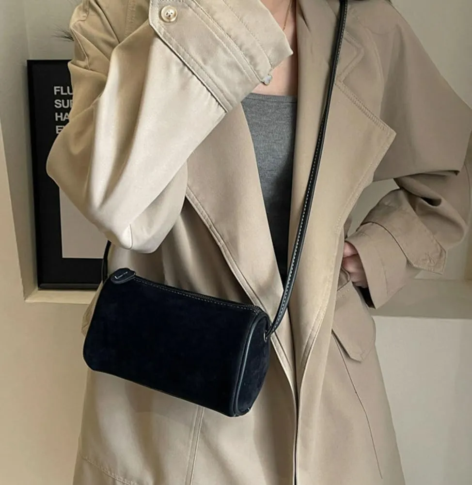 Suede Shoulder Bag for Women - Crossbody Clutch Handbag Purse Satchel Frosted Cylinder Tote