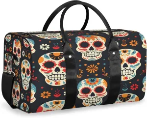 Sugar Skull Floral Travel Duffle Bag, Sports Gym Bags for Women Men, Carry On Weekender Overnight Workout Airplane Trips Bag