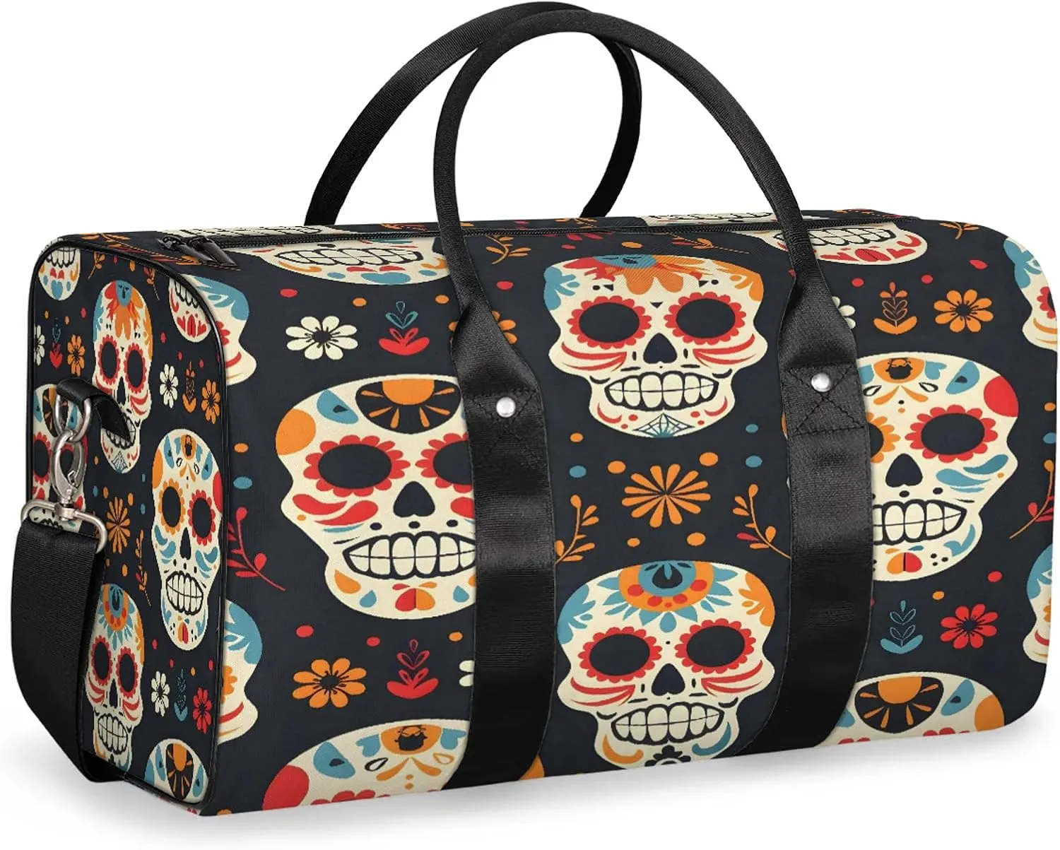 Sugar Skull Floral Travel Duffle Bag, Sports Gym Bags for Women Men, Carry On Weekender Overnight Workout Airplane Trips Bag