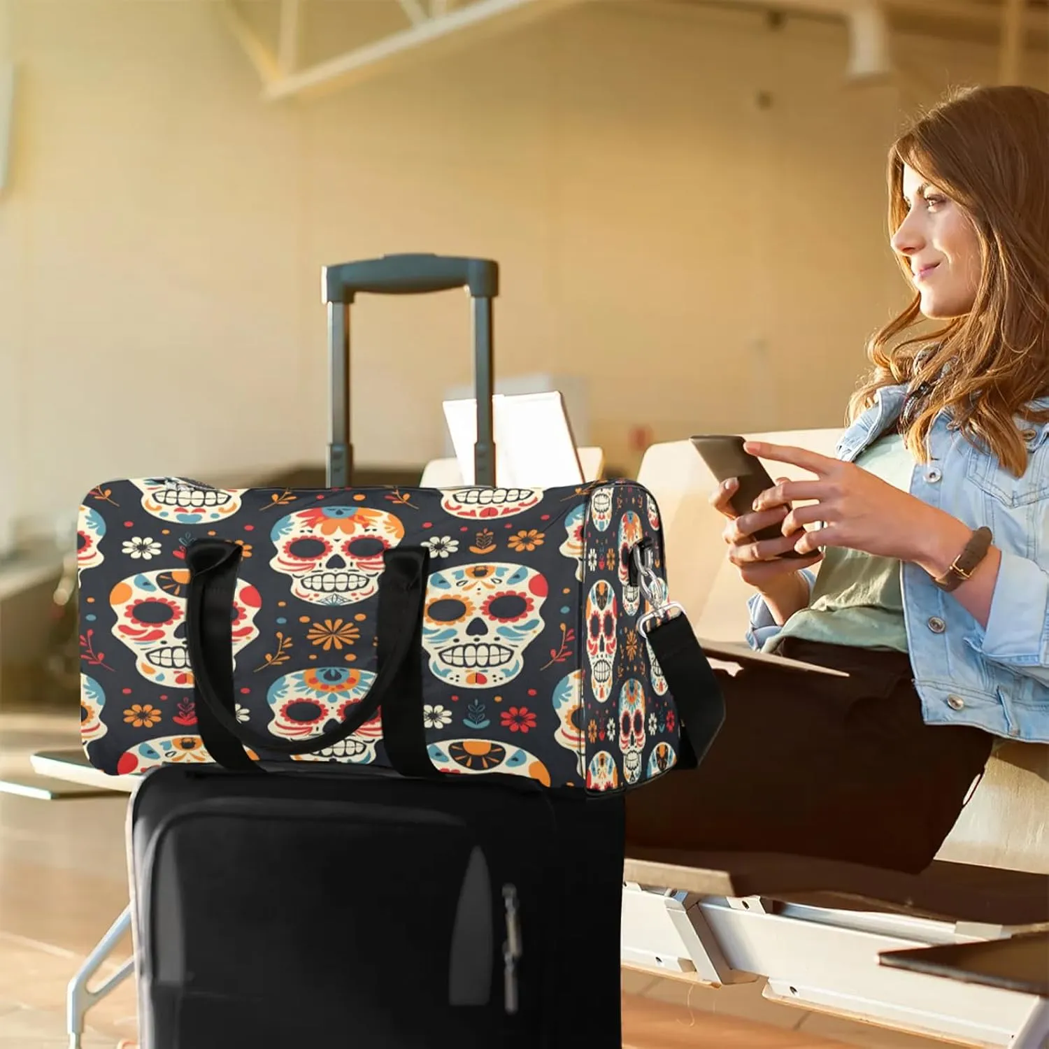 Sugar Skull Floral Travel Duffle Bag, Sports Gym Bags for Women Men, Carry On Weekender Overnight Workout Airplane Trips Bag