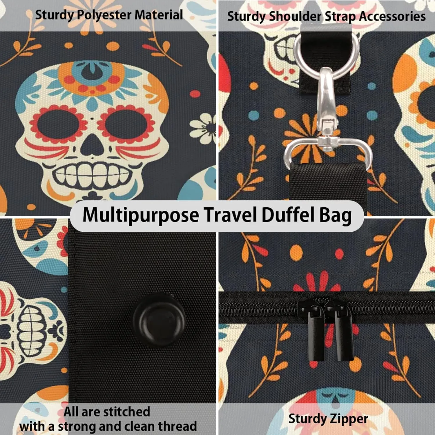 Sugar Skull Floral Travel Duffle Bag, Sports Gym Bags for Women Men, Carry On Weekender Overnight Workout Airplane Trips Bag