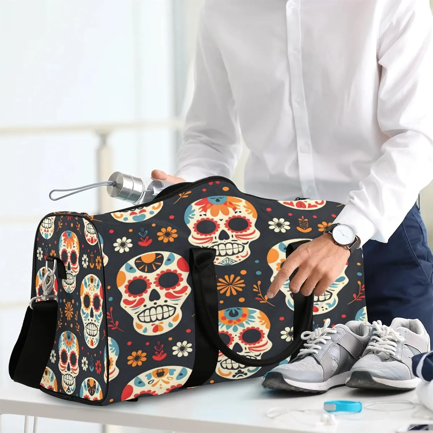 Sugar Skull Floral Travel Duffle Bag, Sports Gym Bags for Women Men, Carry On Weekender Overnight Workout Airplane Trips Bag