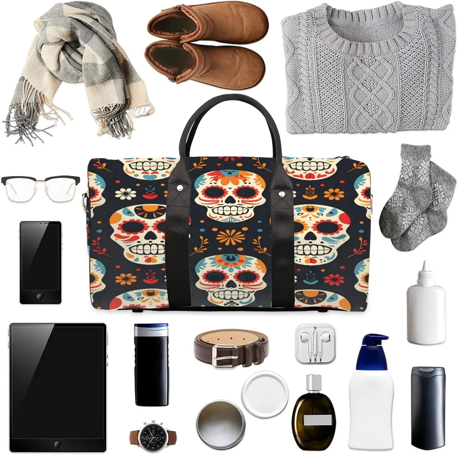 Sugar Skull Floral Travel Duffle Bag, Sports Gym Bags for Women Men, Carry On Weekender Overnight Workout Airplane Trips Bag