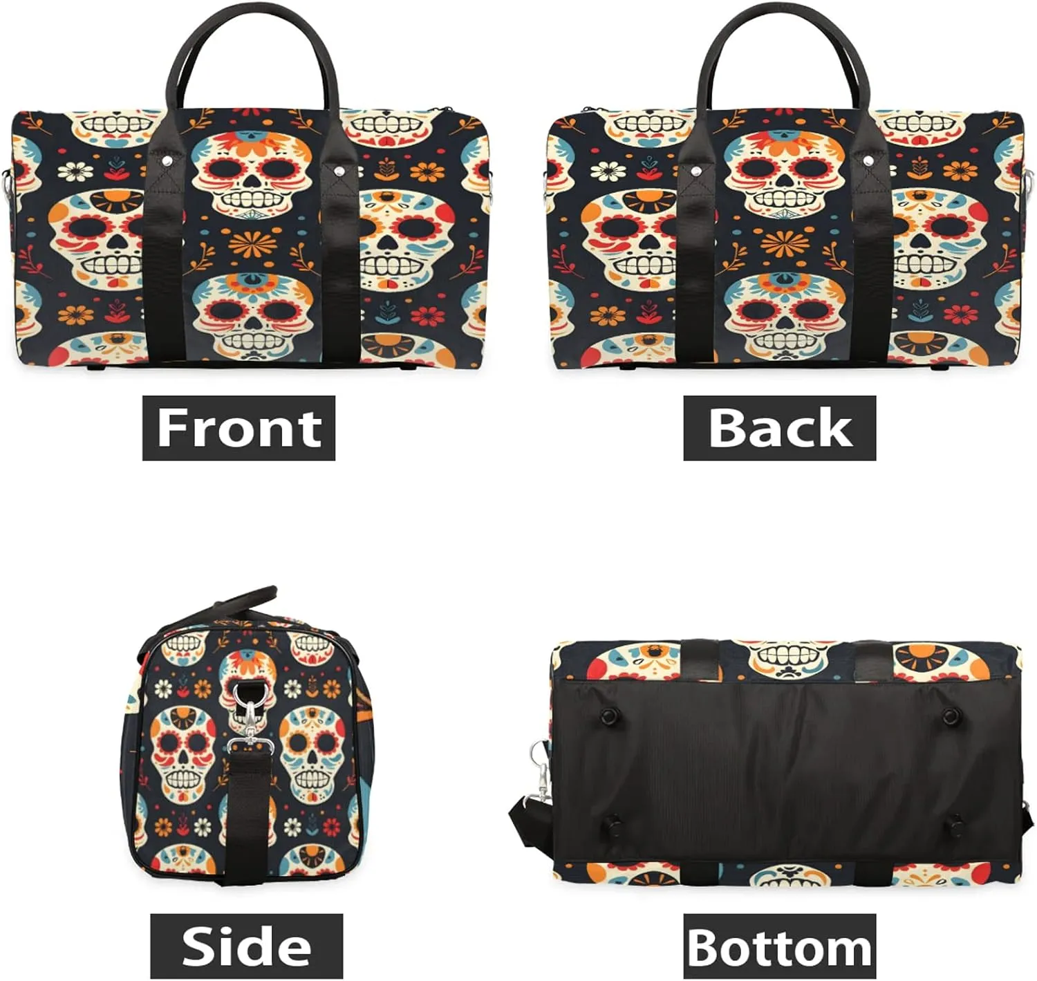 Sugar Skull Floral Travel Duffle Bag, Sports Gym Bags for Women Men, Carry On Weekender Overnight Workout Airplane Trips Bag