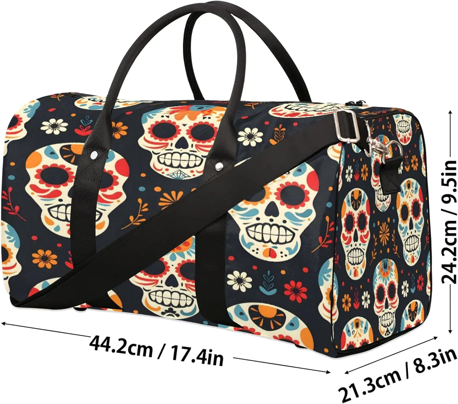 Sugar Skull Floral Travel Duffle Bag, Sports Gym Bags for Women Men, Carry On Weekender Overnight Workout Airplane Trips Bag