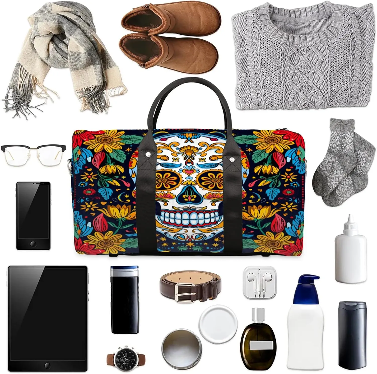 Sugar Skull Gothic Halloween Travel Duffle Bag, Sports Gym Bags for Women Men, Carry On Weekender Overnight Workout Airplane Trips Bag