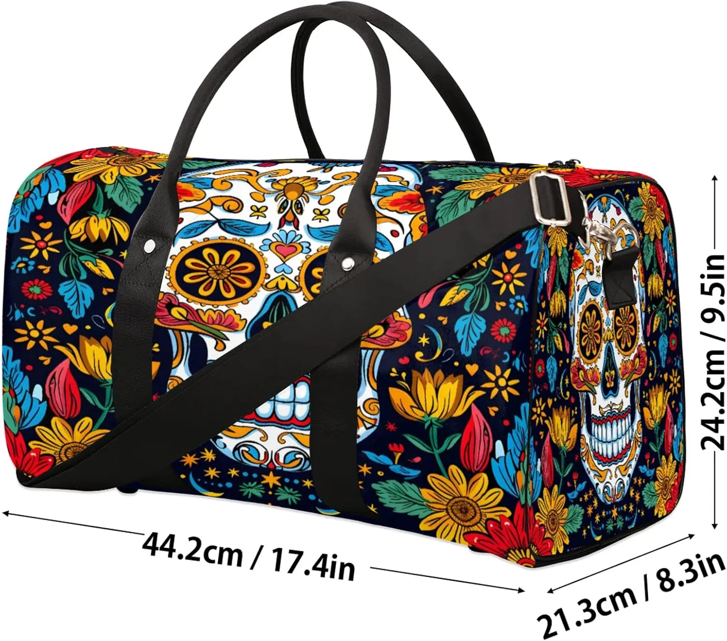 Sugar Skull Gothic Halloween Travel Duffle Bag, Sports Gym Bags for Women Men, Carry On Weekender Overnight Workout Airplane Trips Bag