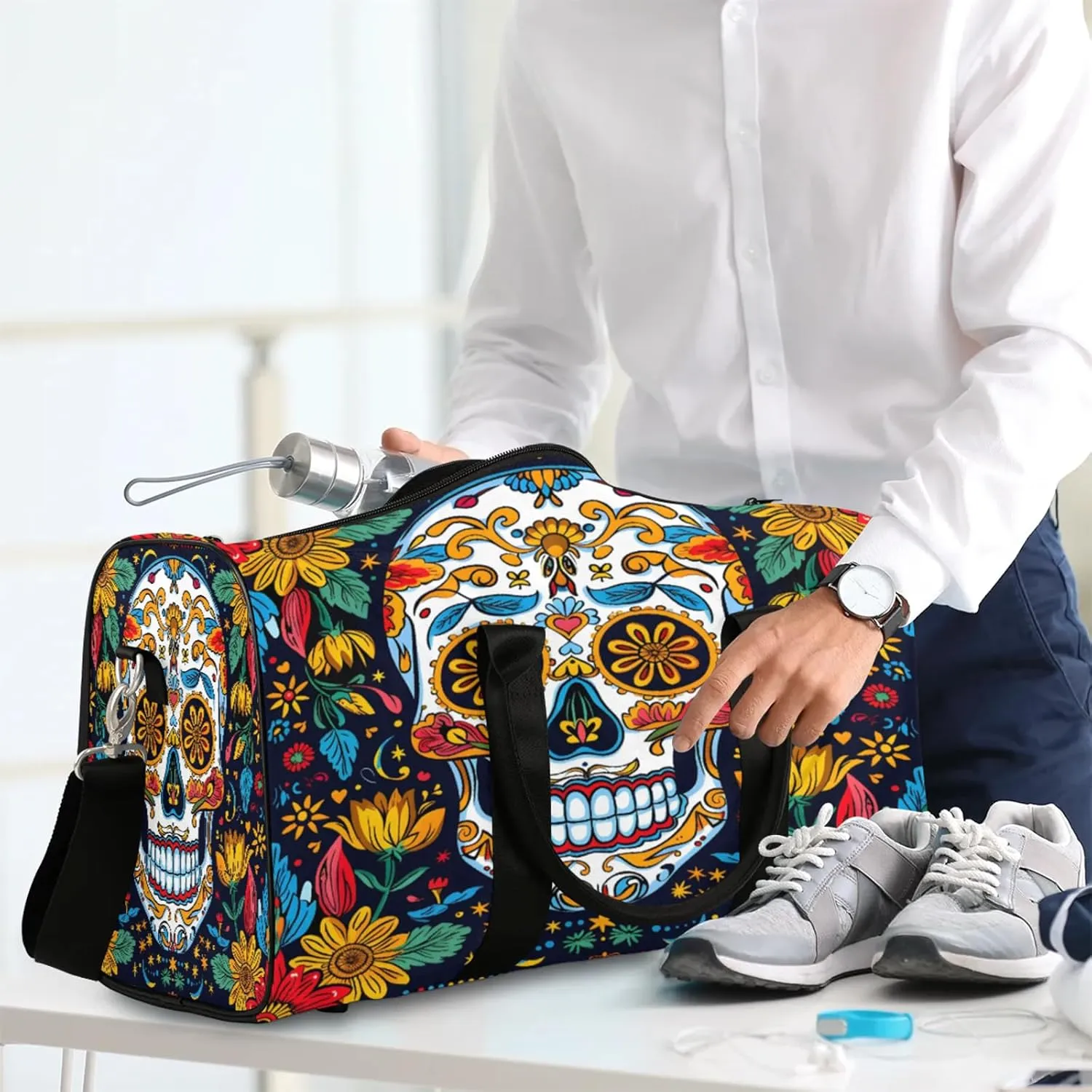 Sugar Skull Gothic Halloween Travel Duffle Bag, Sports Gym Bags for Women Men, Carry On Weekender Overnight Workout Airplane Trips Bag
