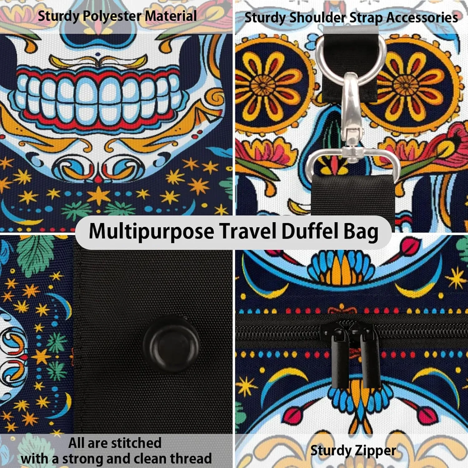 Sugar Skull Gothic Halloween Travel Duffle Bag, Sports Gym Bags for Women Men, Carry On Weekender Overnight Workout Airplane Trips Bag