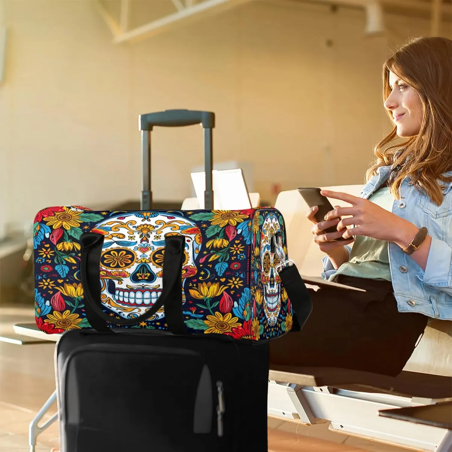 Sugar Skull Gothic Halloween Travel Duffle Bag, Sports Gym Bags for Women Men, Carry On Weekender Overnight Workout Airplane Trips Bag