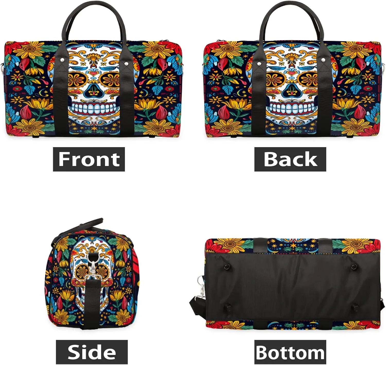 Sugar Skull Gothic Halloween Travel Duffle Bag, Sports Gym Bags for Women Men, Carry On Weekender Overnight Workout Airplane Trips Bag