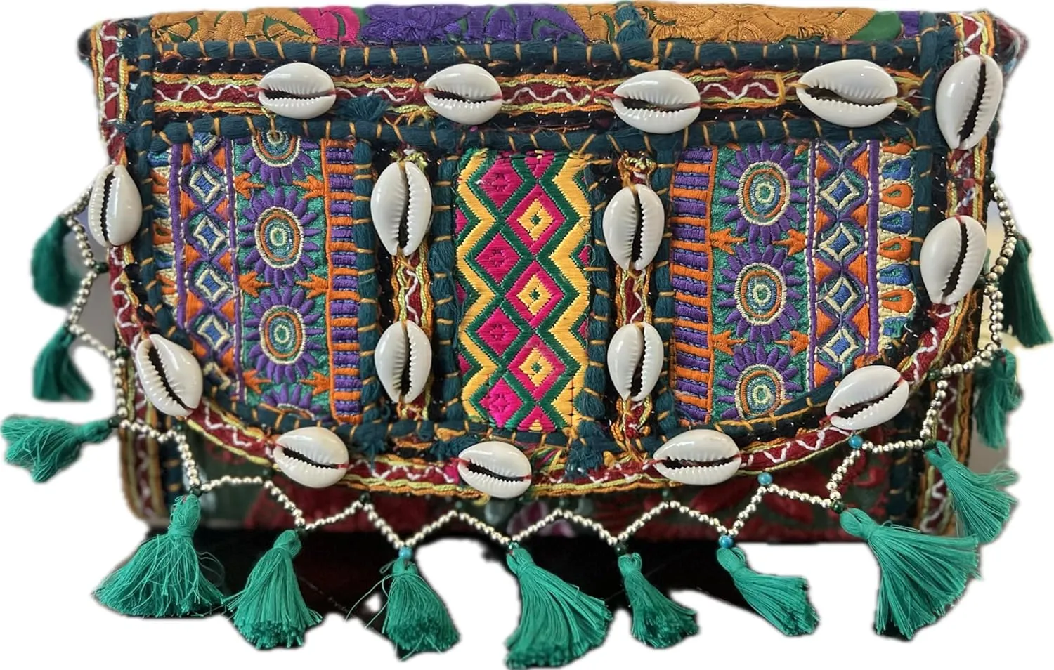 summer beach clutch bag sea shells cruise purse spring embroidered envelope bag retro vintage restored fabric sling bag coastal boho bohemian fashion holiday vacation crossbody wallet (Dark green)