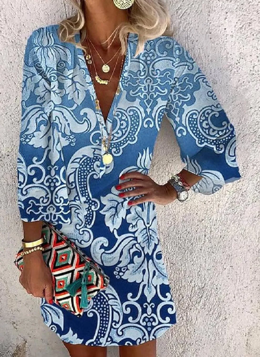 Summer Dresses for Women Bohemian Print V Neck Loose Long Sleeve Dress Breezy Shift Mini Vacation Dress