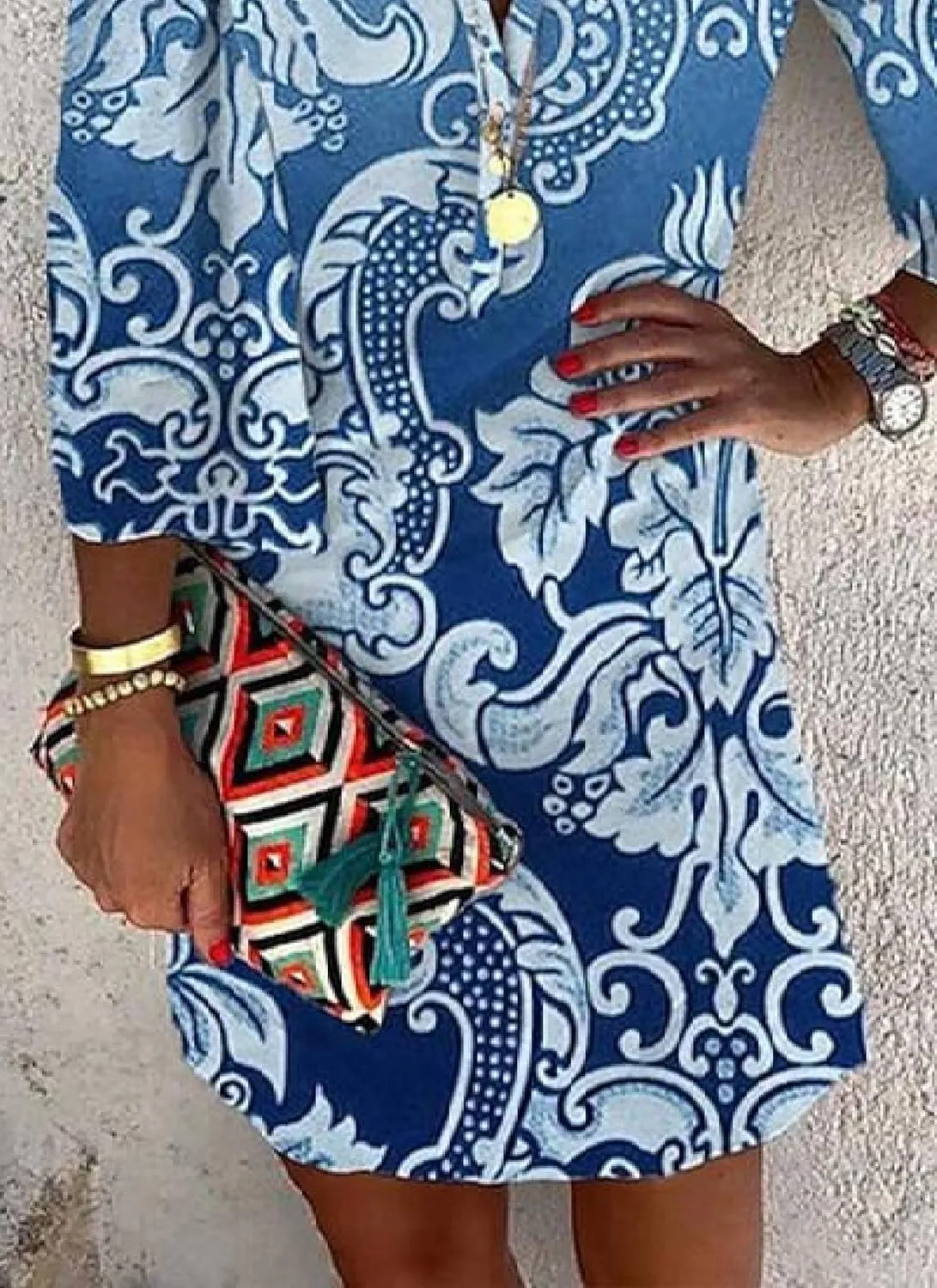 Summer Dresses for Women Bohemian Print V Neck Loose Long Sleeve Dress Breezy Shift Mini Vacation Dress