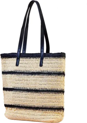 Summer Tote Bag for Women Straw Woven Shoulder Bags Striped Beach Bag with Zipper