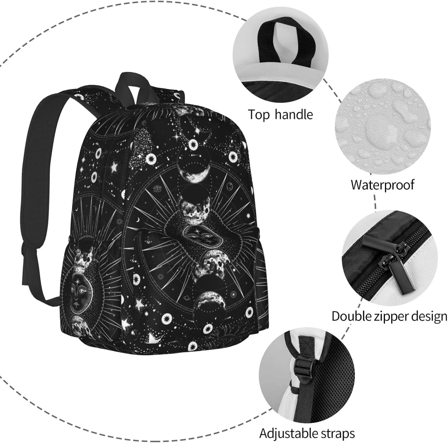 Sun And Moon Black And White Stylish Backpack With Adjustable Padded Shoulder Straps Daypacks For Girls College Travel