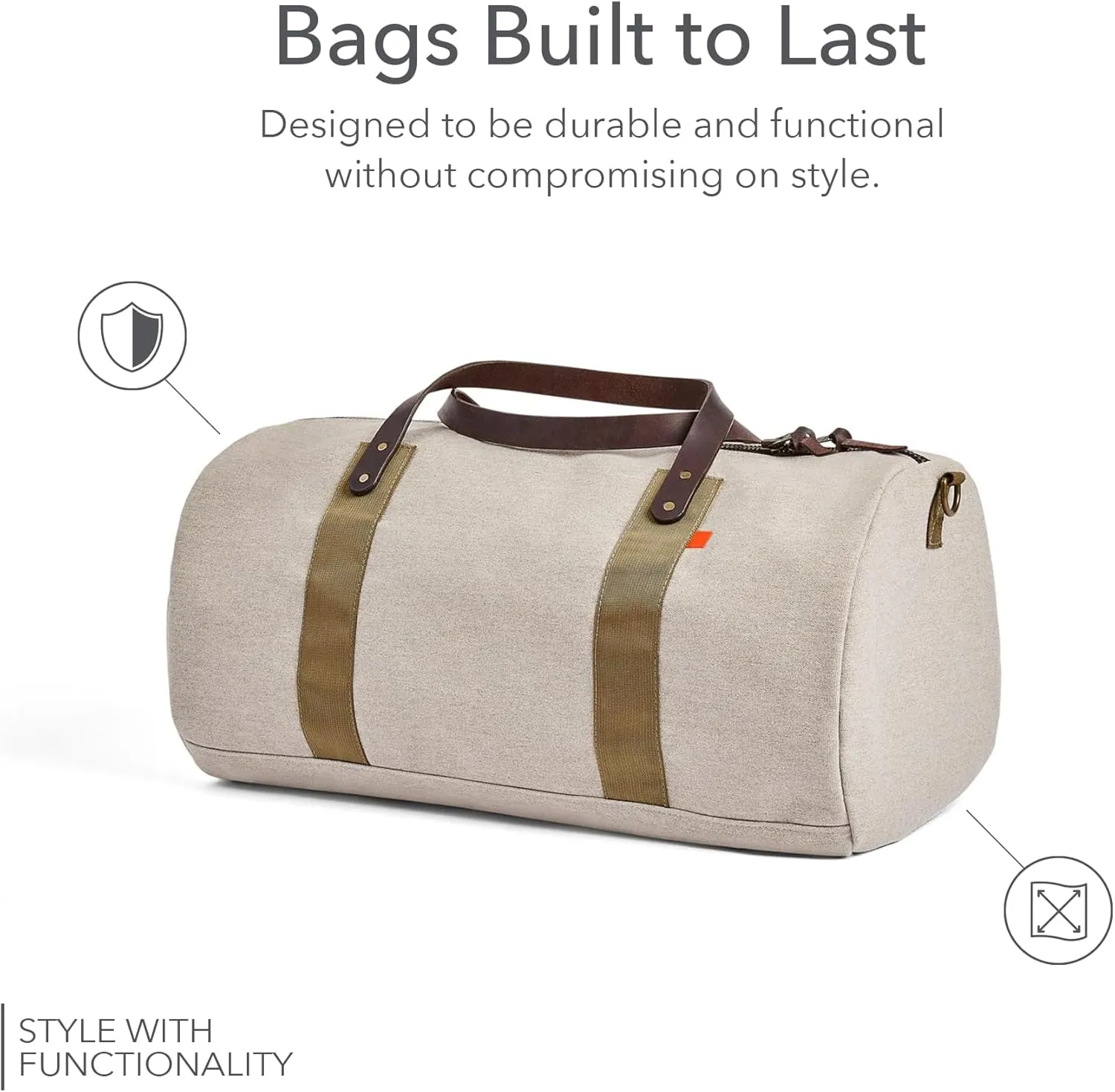 Sunbrella Glen Duffel Bag | Weekender Overnight Travel Carry-on with Leather Handles | Water & Stain Resistant | Adjustable Strap | Recycled Material | Ashe/Beige