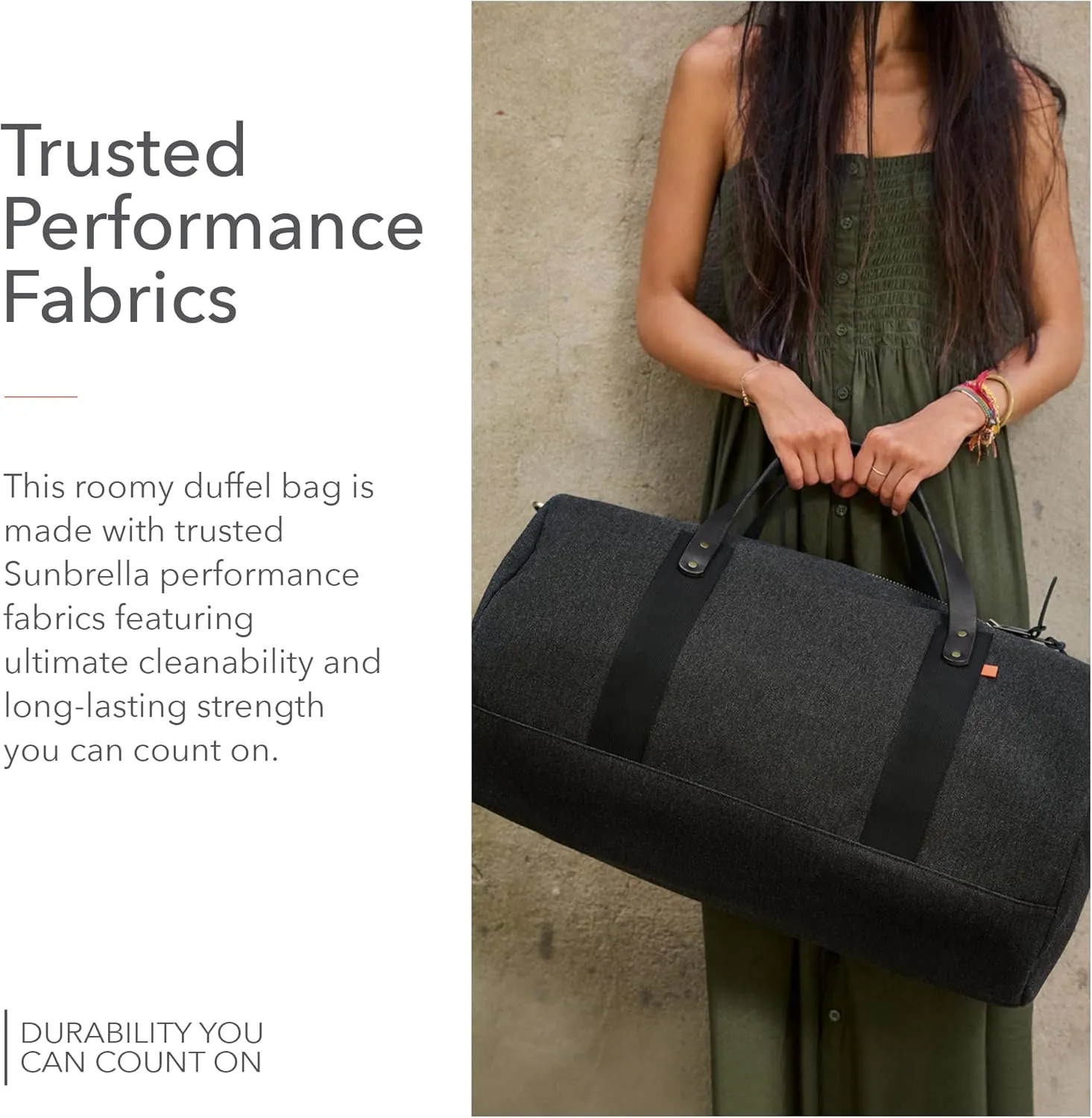 Sunbrella Glen Duffel Bag | Weekender Overnight Travel Carry-on with Leather Handles | Water & Stain Resistant | Adjustable Strap | Recycled Material | Ashe/Beige