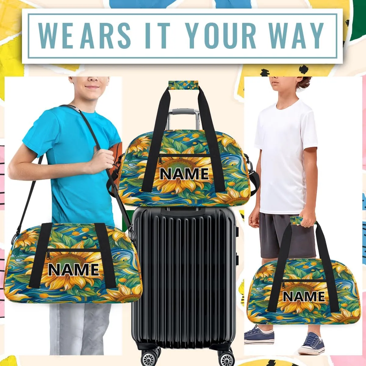 Sunflower Mini Gym Bag 18 inch for Women Men Waterproof Custom Sunflowers Watercolor Travel Duffel Bag Carry On Overnight Tote Nurse Bag for Work Fitness Hiking
