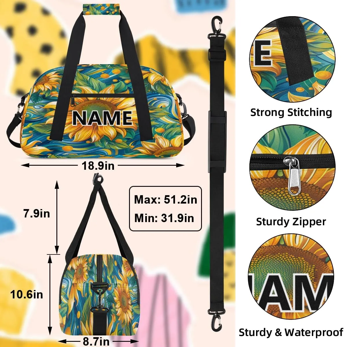 Sunflower Mini Gym Bag 18 inch for Women Men Waterproof Custom Sunflowers Watercolor Travel Duffel Bag Carry On Overnight Tote Nurse Bag for Work Fitness Hiking