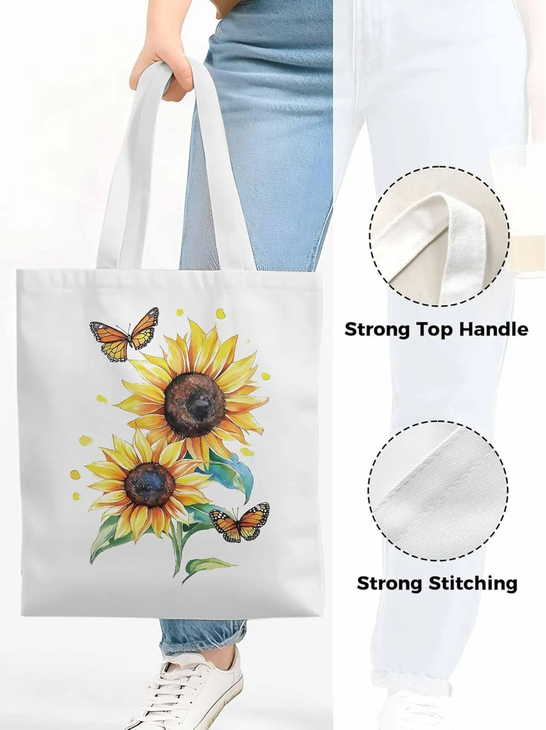 Sunflower Summer Floral Butterfly Canvas Tote Bag, Aesthetic Canvas Tote Handbags for Women Shoulder Bag