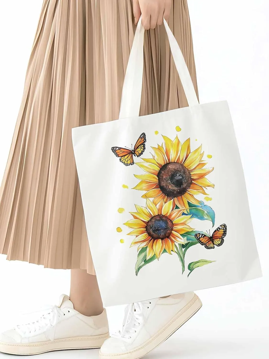 Sunflower Summer Floral Butterfly Canvas Tote Bag, Aesthetic Canvas Tote Handbags for Women Shoulder Bag