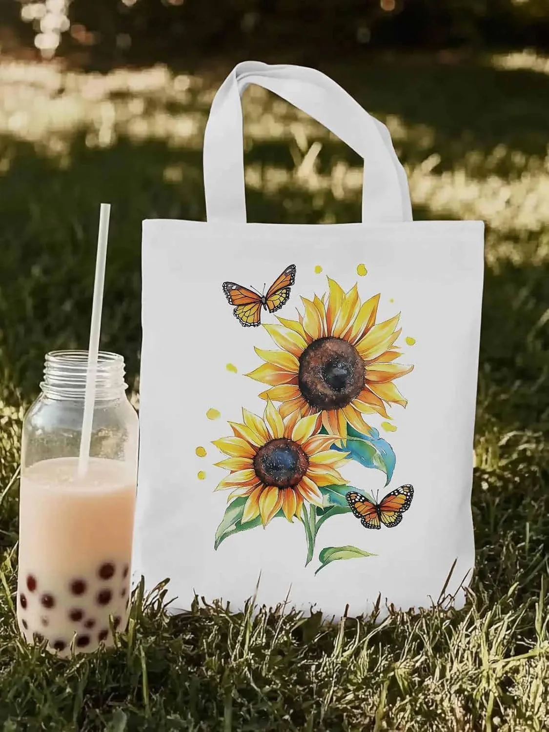 Sunflower Summer Floral Butterfly Canvas Tote Bag, Aesthetic Canvas Tote Handbags for Women Shoulder Bag