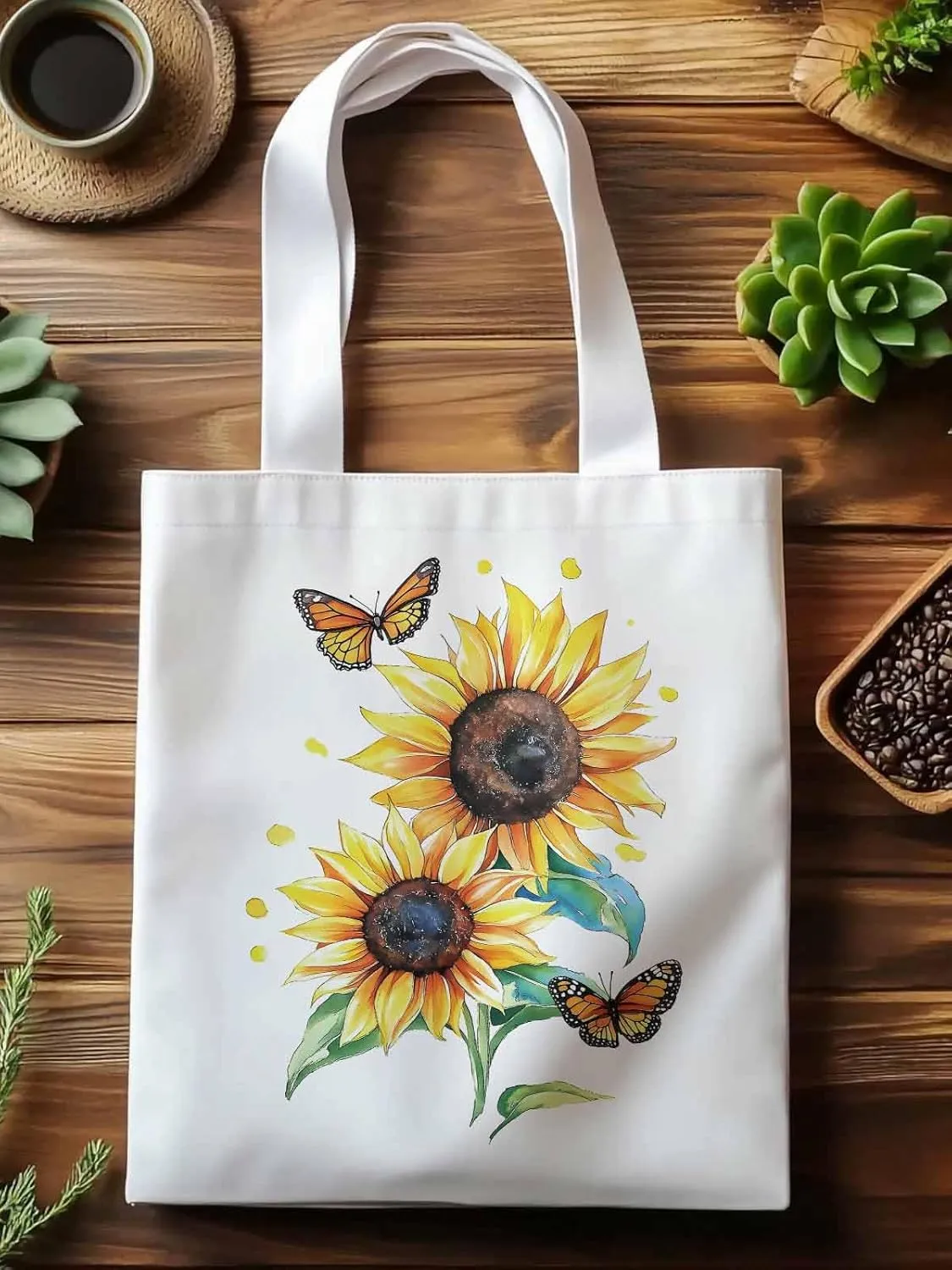 Sunflower Summer Floral Butterfly Canvas Tote Bag, Aesthetic Canvas Tote Handbags for Women Shoulder Bag