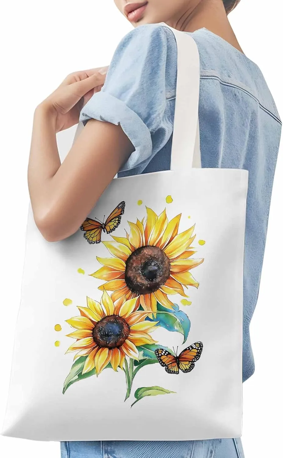 Sunflower Summer Floral Butterfly Canvas Tote Bag, Aesthetic Canvas Tote Handbags for Women Shoulder Bag