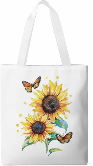 Sunflower Summer Floral Butterfly Canvas Tote Bag, Aesthetic Canvas Tote Handbags for Women Shoulder Bag