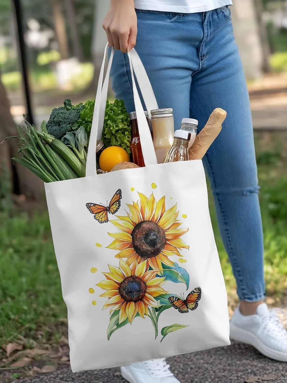 Sunflower Summer Floral Butterfly Canvas Tote Bag, Aesthetic Canvas Tote Handbags for Women Shoulder Bag