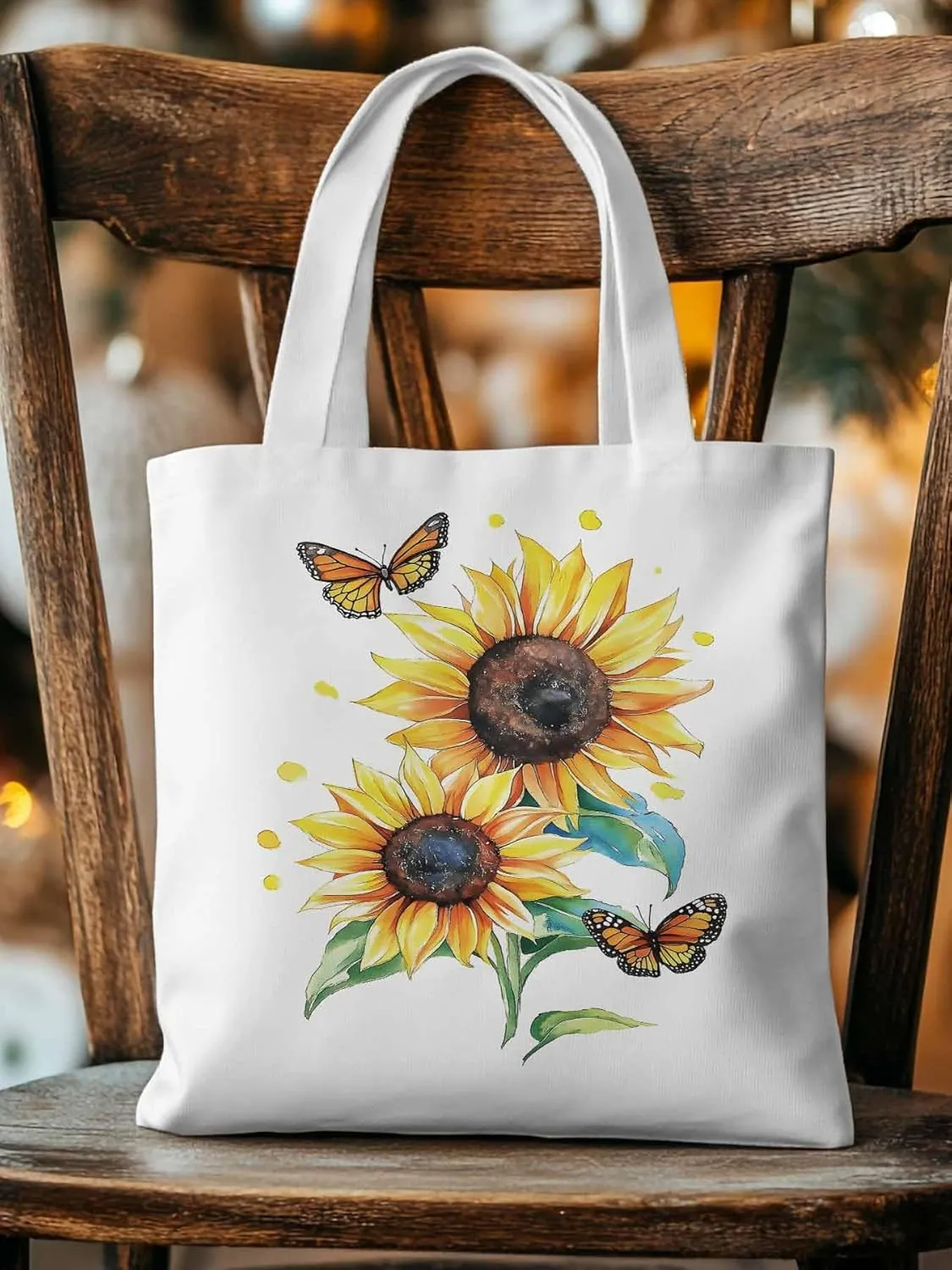 Sunflower Summer Floral Butterfly Canvas Tote Bag, Aesthetic Canvas Tote Handbags for Women Shoulder Bag