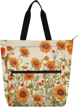 Sunflowers Bushes and Poppy Flowers Beige Book Tote Bag Aesthetic with Zipper Cute Reusable Shoulder Bags Handbag for Students Travel Shopping