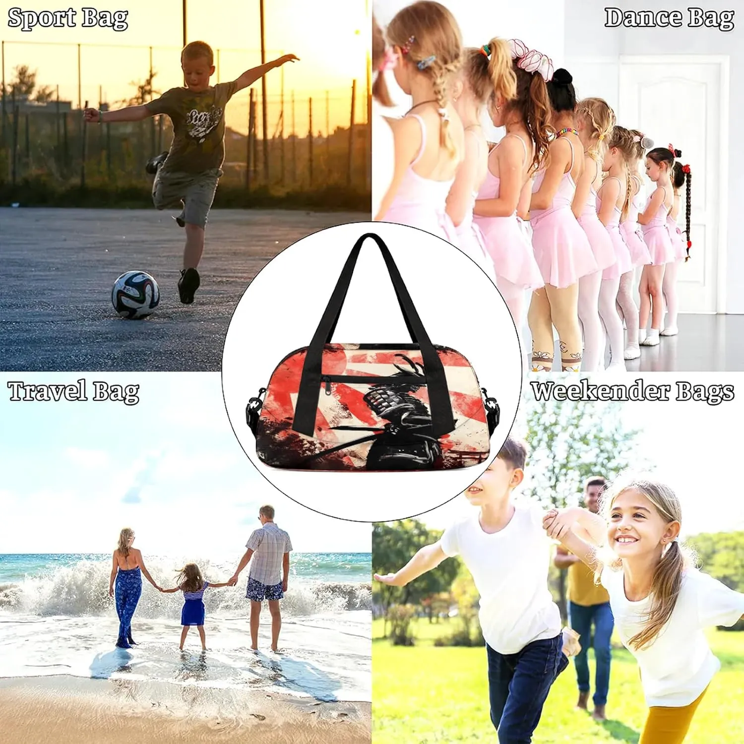 Sunset Samurai Katana Kids Duffel Bag Lightweight Waterproof Sports Gym Bag with Front Zipper Pocket Foldable Weekender Overnight Bag for School Practice Gymnastic Ballet