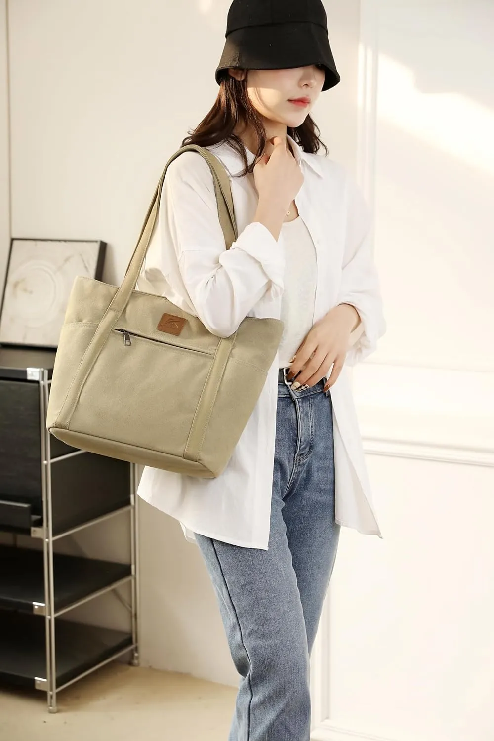 Sunshinejing Women's Large Canvas Shoulder Bag Retro Multi-pocket Handbags Work Tote Purses