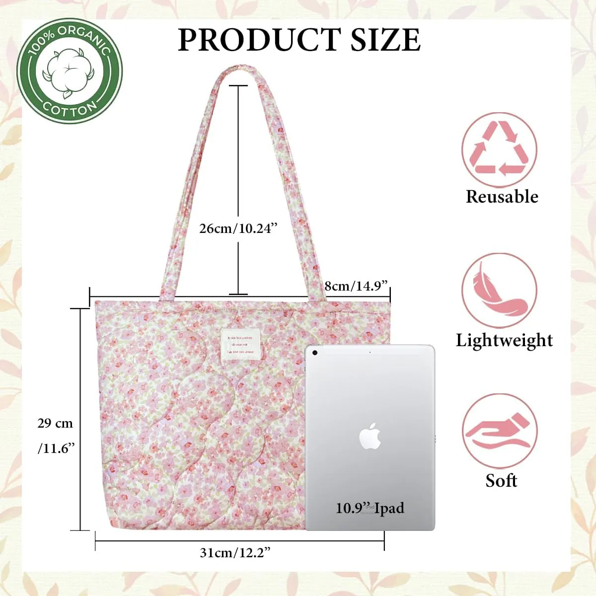 Sunwel Fashion Top Zipper Women Floral Quilted Tote Bag for Work Travel Gym Shopping Beach