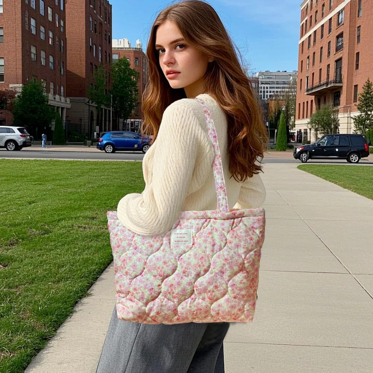 Sunwel Fashion Top Zipper Women Floral Quilted Tote Bag for Work Travel Gym Shopping Beach