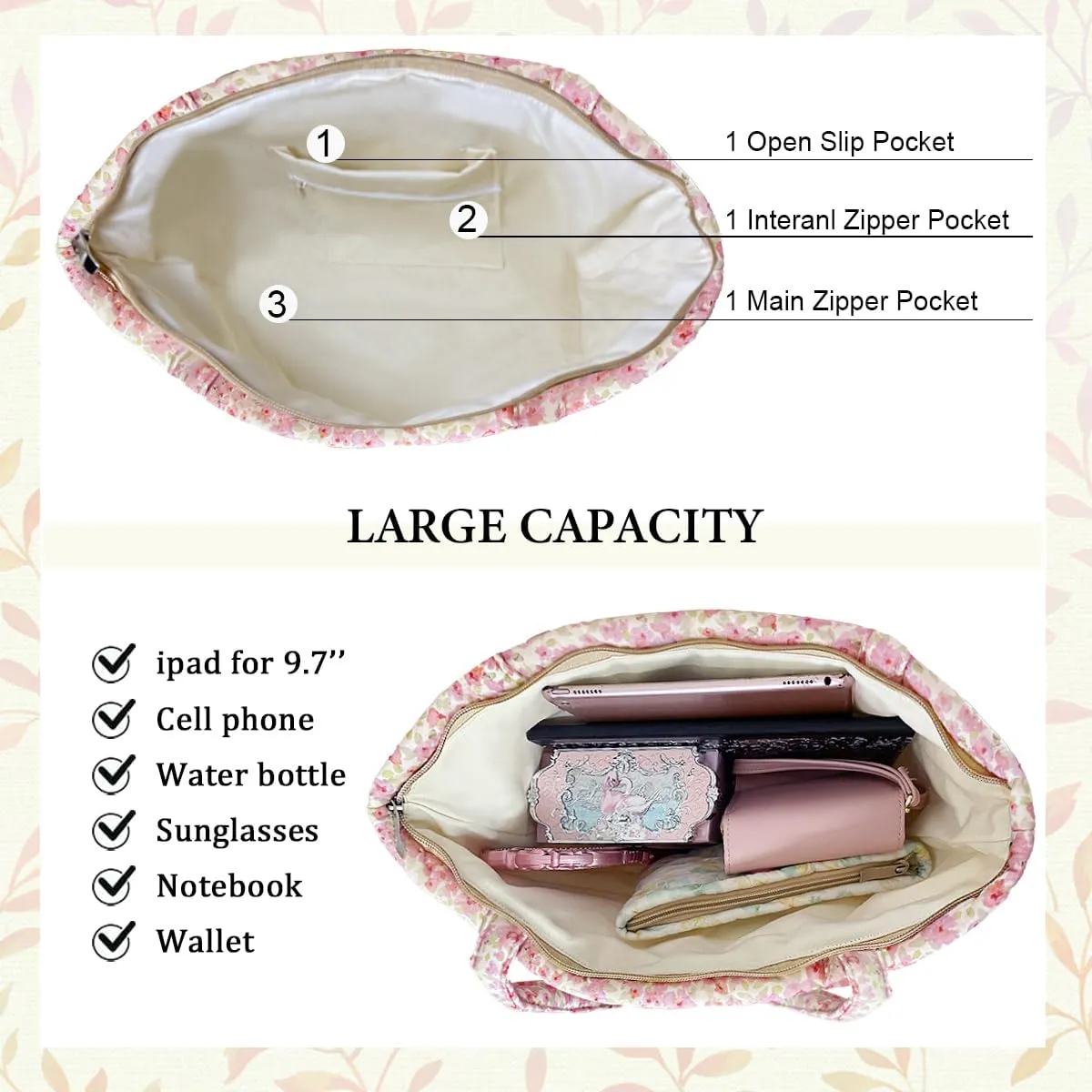 Sunwel Fashion Top Zipper Women Floral Quilted Tote Bag for Work Travel Gym Shopping Beach
