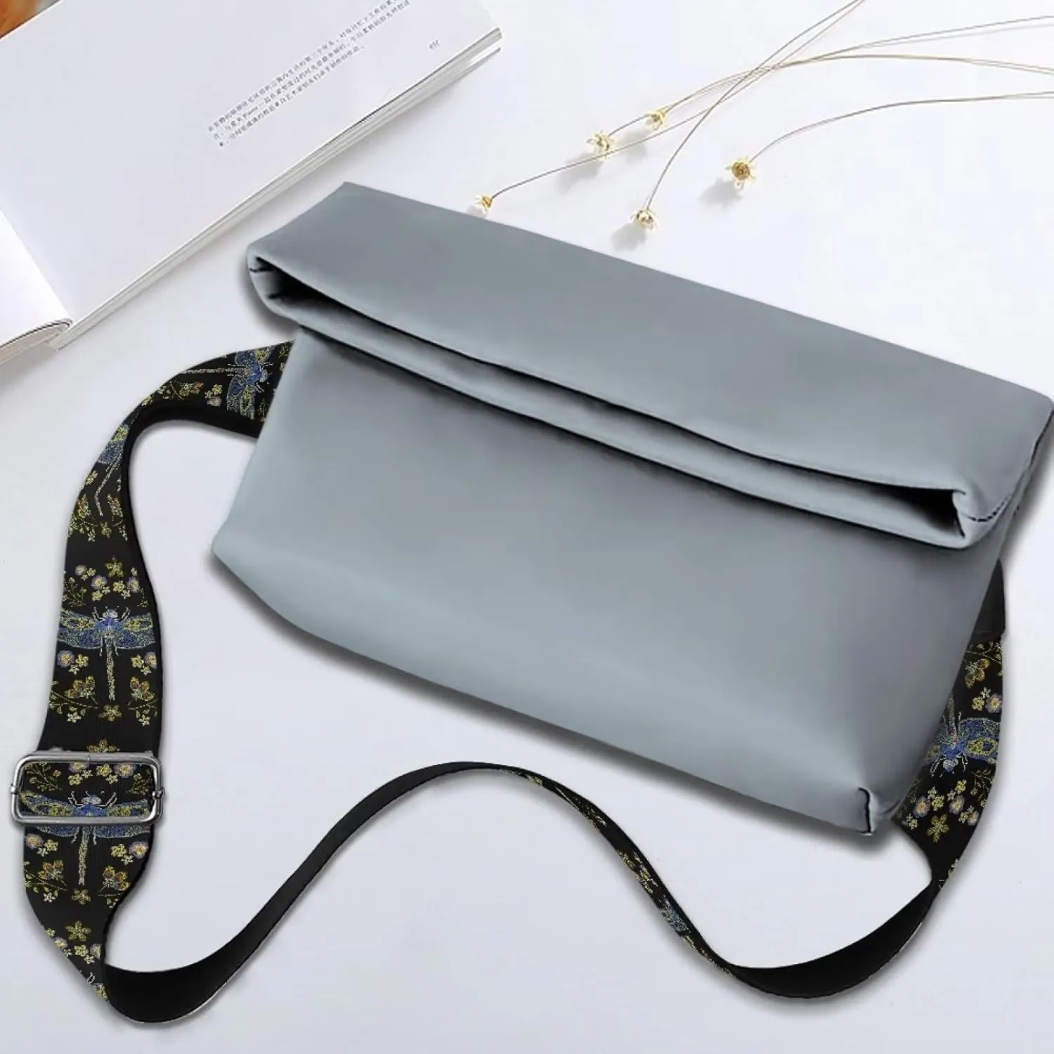 Suobstales Dragonfly Flower Print Women's Crossbody Bag with Guitar Strap Adjustable Handbag Purse Shoulder Belt Wide for Handbag