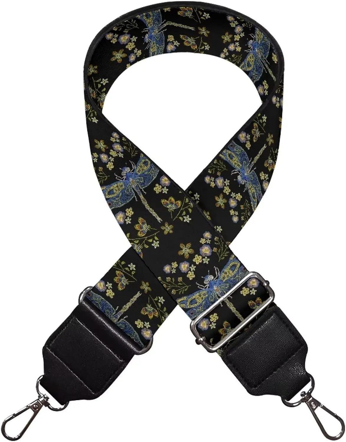 Suobstales Dragonfly Flower Print Women's Crossbody Bag with Guitar Strap Adjustable Handbag Purse Shoulder Belt Wide for Handbag