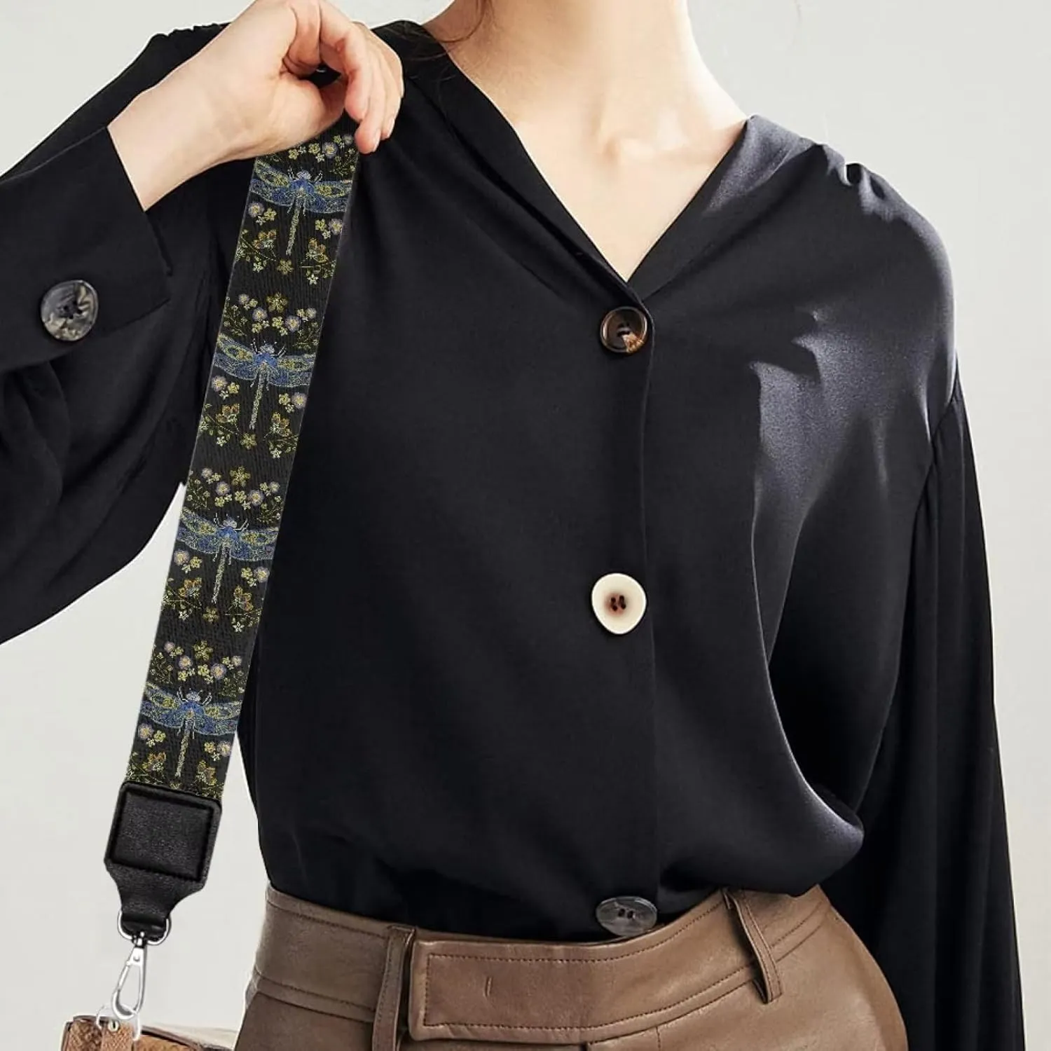 Suobstales Dragonfly Flower Print Women's Crossbody Bag with Guitar Strap Adjustable Handbag Purse Shoulder Belt Wide for Handbag