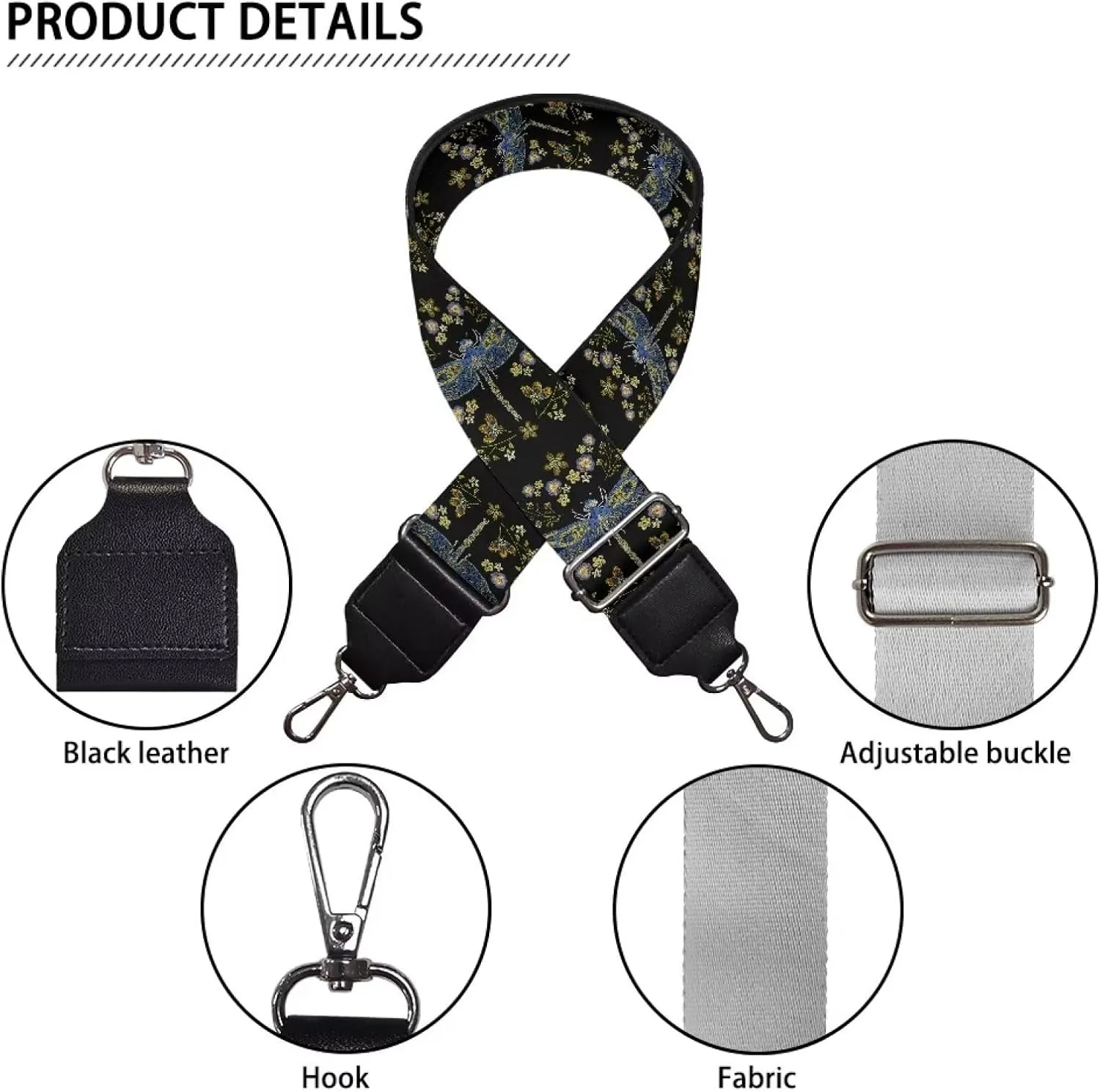 Suobstales Dragonfly Flower Print Women's Crossbody Bag with Guitar Strap Adjustable Handbag Purse Shoulder Belt Wide for Handbag