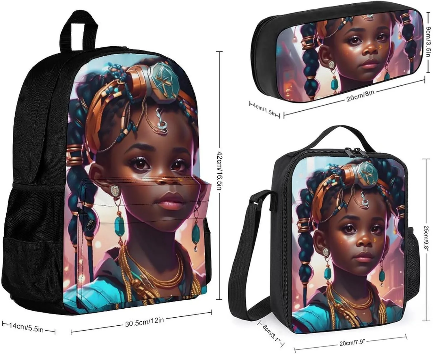 Supdreamc Adults Backpack Sets - African American Black Women Woman Art Bookbag Shoulder Book Bags Camping Outdoor Backpack   Lunch Bag   Pencil Case, Gym Hiking Bag Computer Bag