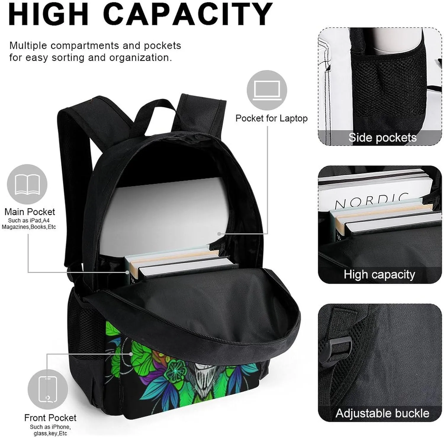 Supdreamc Adults Rucksacks Sets - Psychedelic Goat Skull Art Carry On Bag Shoulder Book Bags   Lunch Bag   Pencil Case Travel Rucksack, Gym Outdoor Bag Backpack