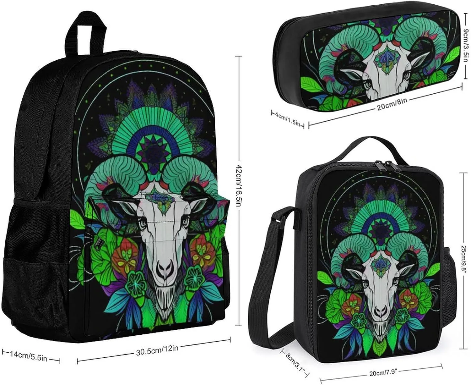 Supdreamc Adults Rucksacks Sets - Psychedelic Goat Skull Art Carry On Bag Shoulder Book Bags   Lunch Bag   Pencil Case Travel Rucksack, Gym Outdoor Bag Backpack